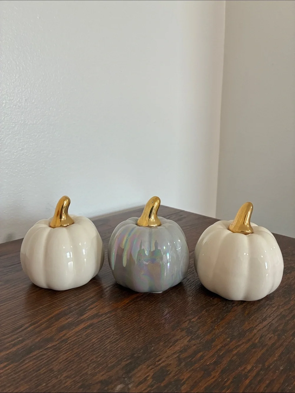 NWT- Set of 3- White & Gray Pearl Iridescent- Ceramic Pumpkins with Gold Stems